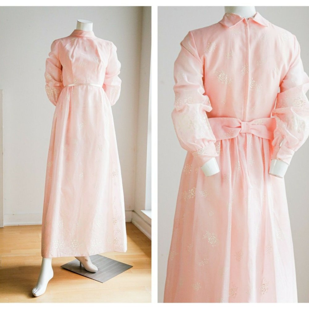 Vintage 60s Pastel Pink White Floral Motif maxi